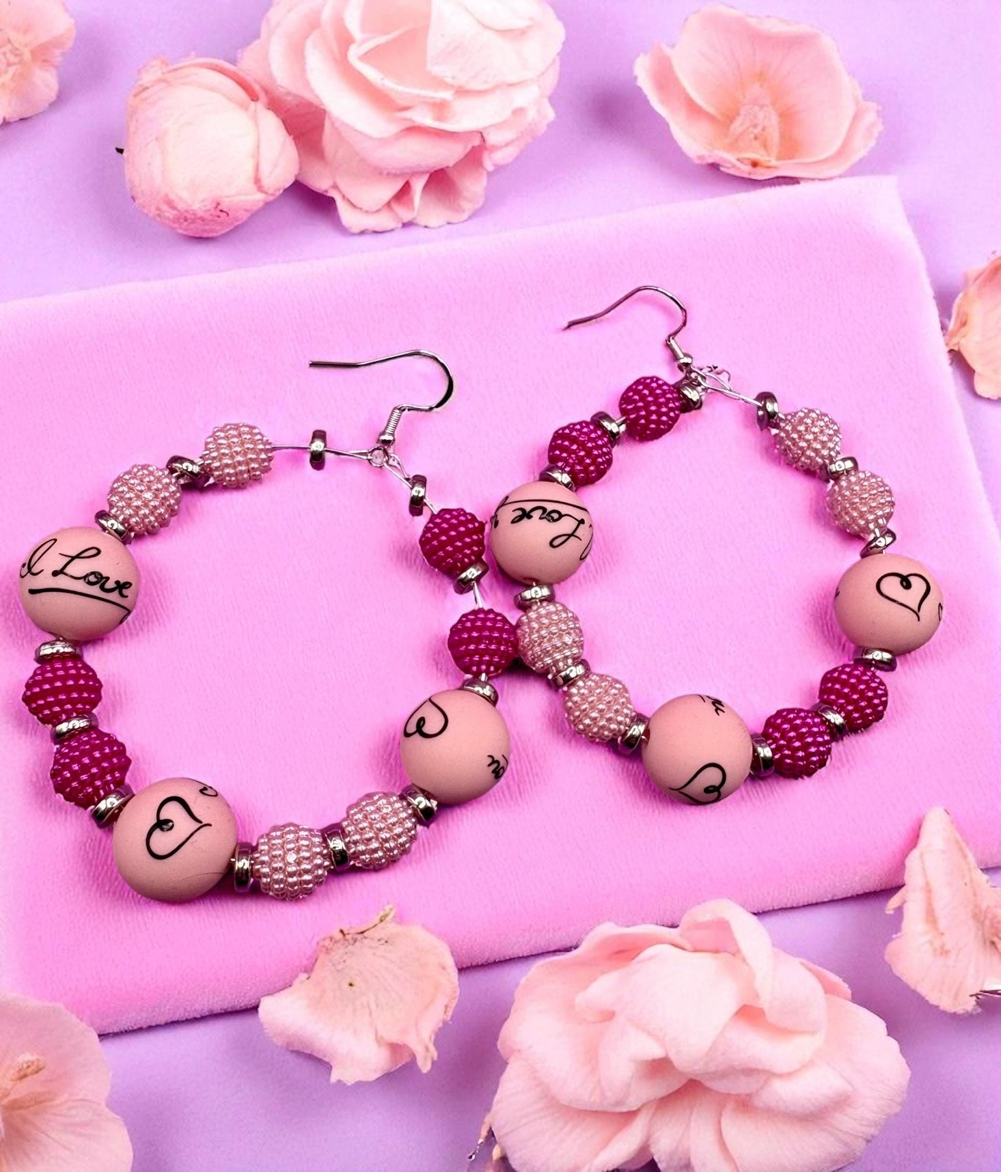Handmade beaded hoop earrings- I love you heart silver large hoops summer festival earrings