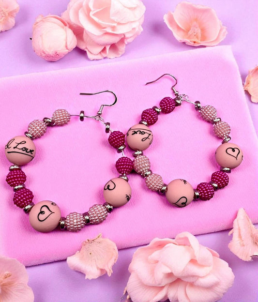 Handmade beaded hoop earrings- I love you heart silver large hoops summer festival earrings
