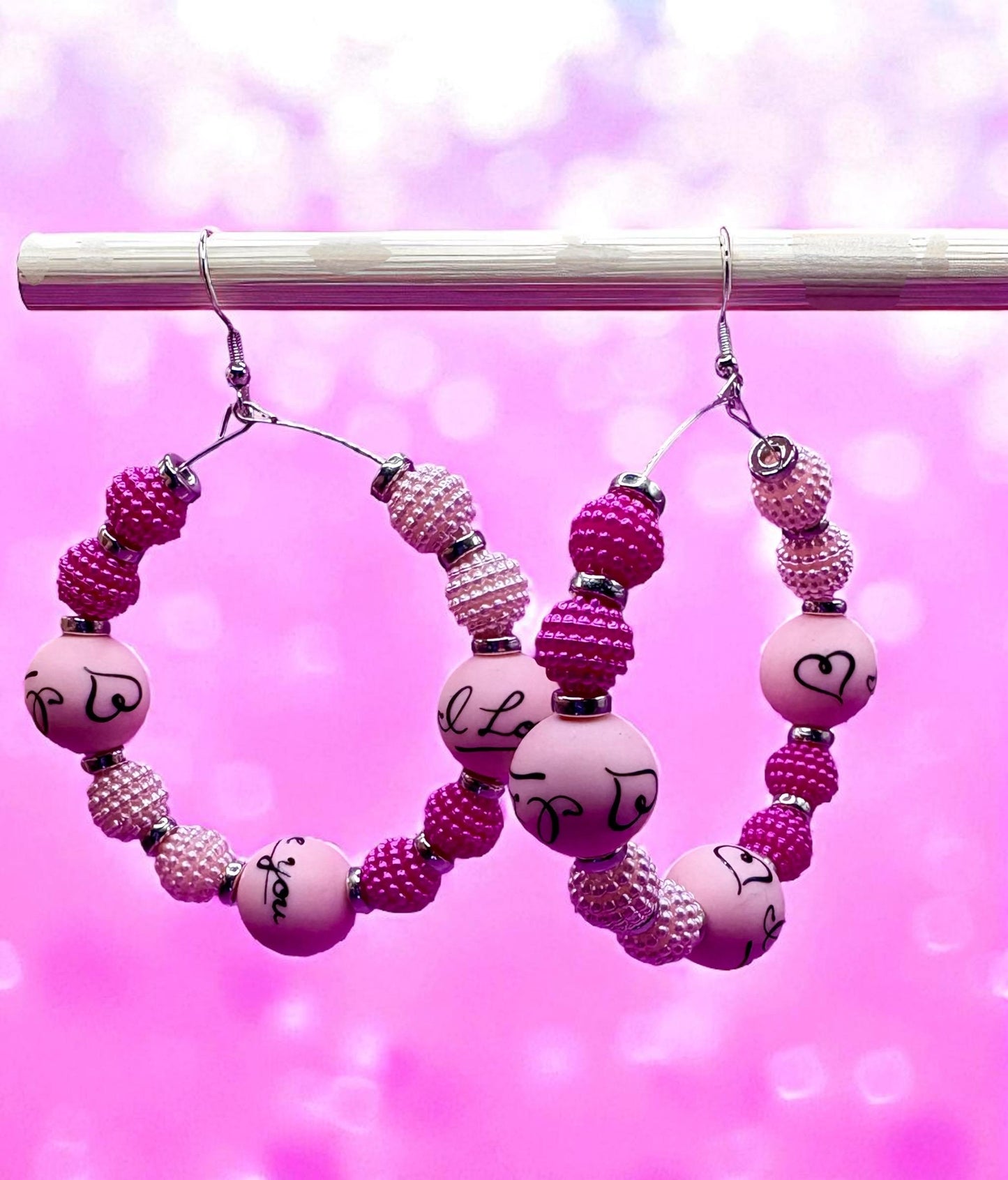 Handmade beaded hoop earrings- I love you heart silver large hoops summer festival earrings