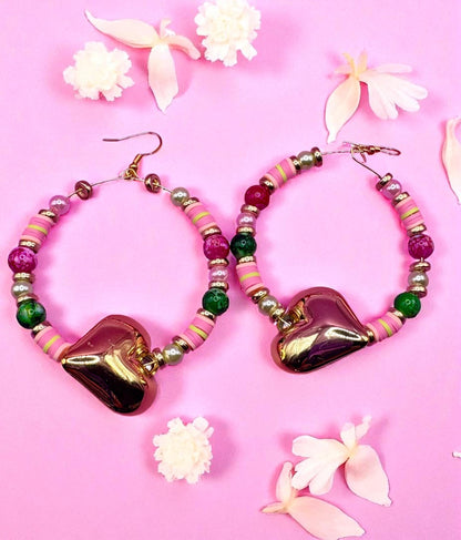 Handmade beaded hoop earrings- pink green gold heart pendant large hoops clay beads marble beads gold spacers unique summer earrings