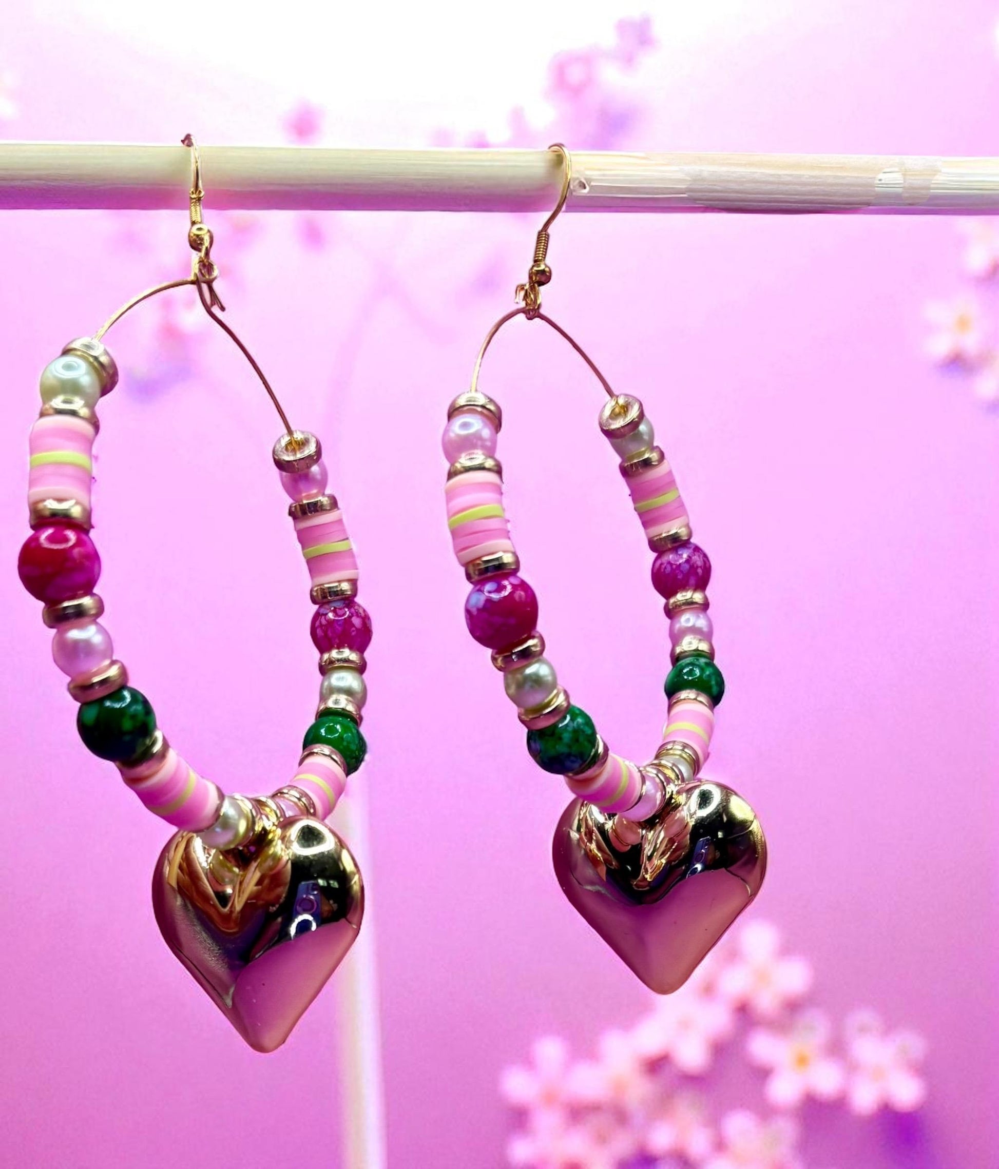Handmade beaded hoop earrings- pink green gold heart pendant large hoops clay beads marble beads gold spacers unique summer earrings