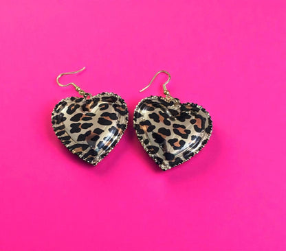 Heart pendant leopard print drop dangly earrings with gold. Large heart leopard dangly unique handmade earrings drop length 5cm