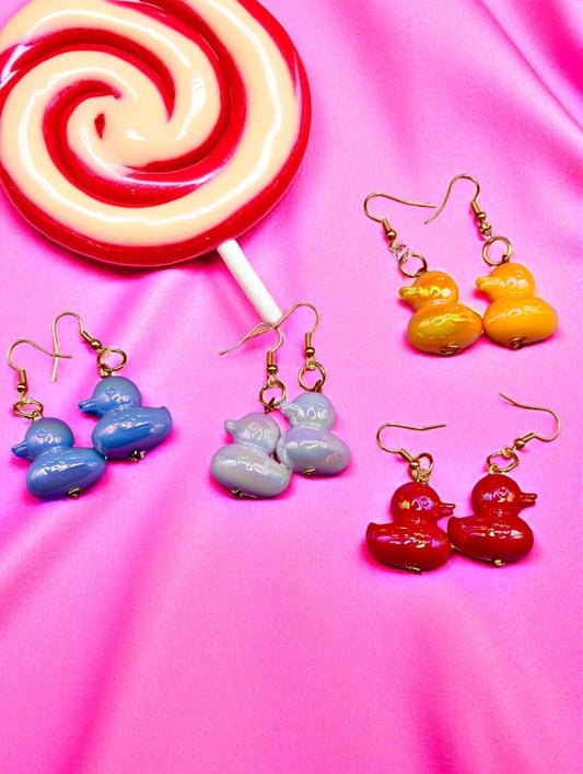 Large rubber duck earrings, dangly drop earrings Red blue green yellow resin fun novelty
