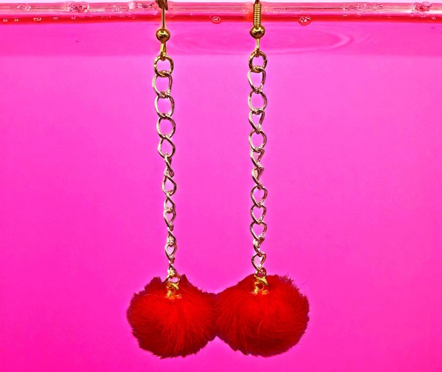 Long fluffy pom pom dangly drop earrings Handmade costume jewellery gold with rose gold chain