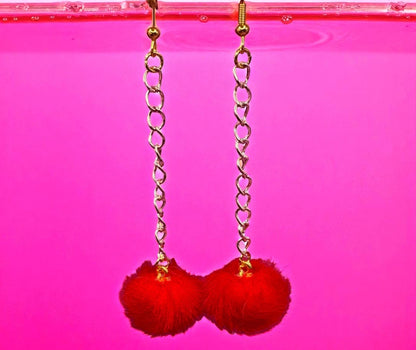 Long fluffy pom pom dangly drop earrings Handmade costume jewellery gold with rose gold chain