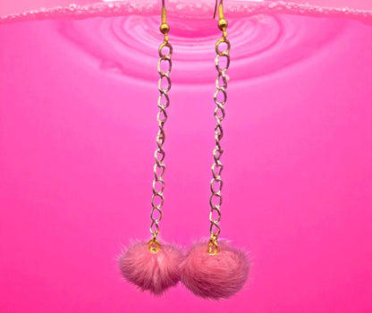 Long fluffy pom pom dangly drop earrings Handmade costume jewellery gold with rose gold chain