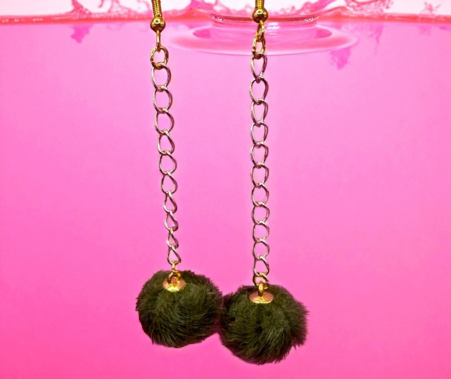 Long fluffy pom pom dangly drop earrings Handmade costume jewellery gold with rose gold chain