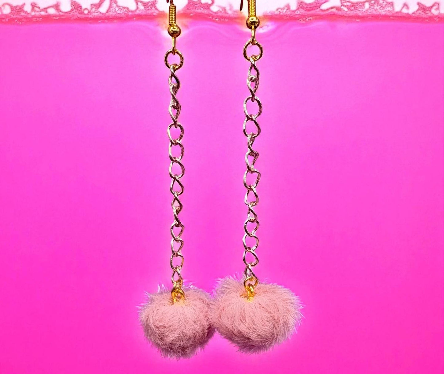 Long fluffy pom pom dangly drop earrings Handmade costume jewellery gold with rose gold chain