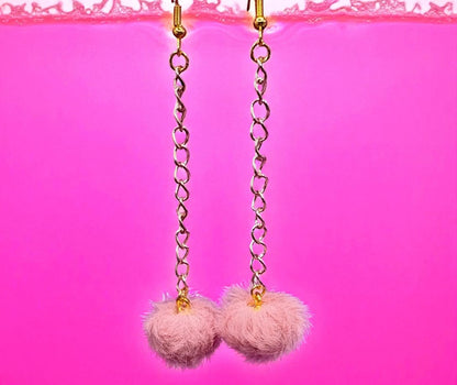 Long fluffy pom pom dangly drop earrings Handmade costume jewellery gold with rose gold chain