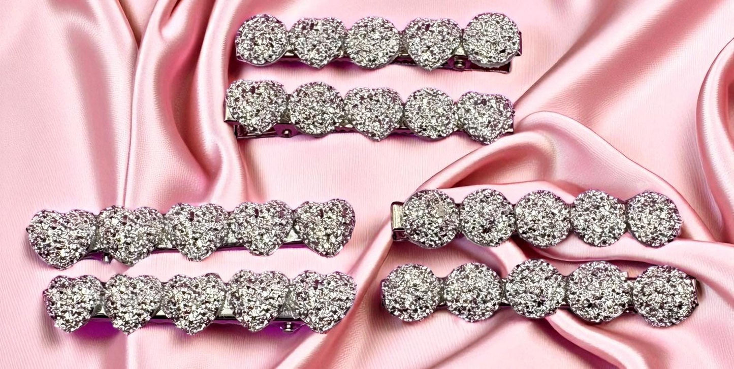 Heart, circular glitter sparkly small hair slides sliver fashion hair clip Christmas 6cm. Sold as pairs