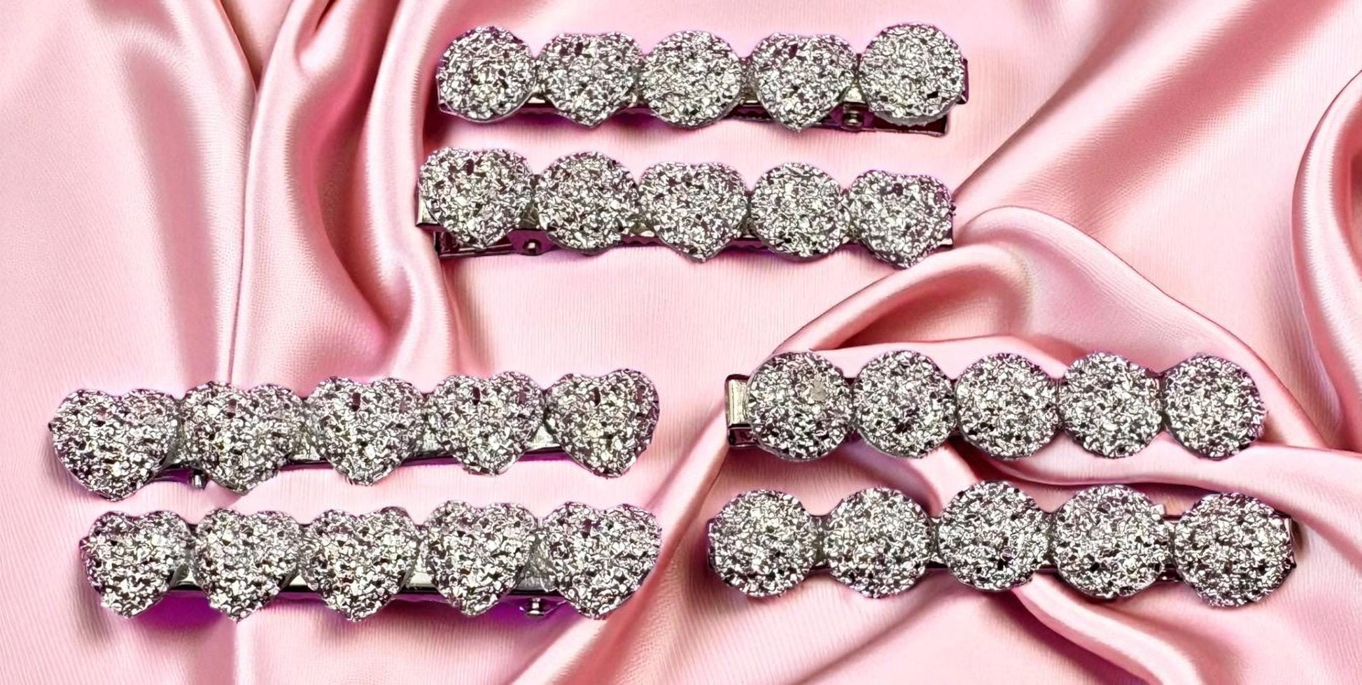 Heart, circular glitter sparkly small hair slides sliver fashion hair clip Christmas 6cm. Sold as pairs