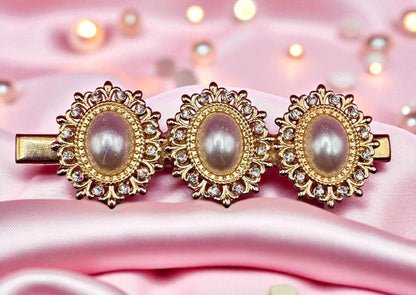gold oval pearl style rhinestone statement hair clip large 8cm long