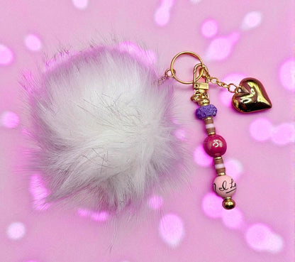 bag charm keychain I love you bead with gold heart large pendant and white fluffy ball