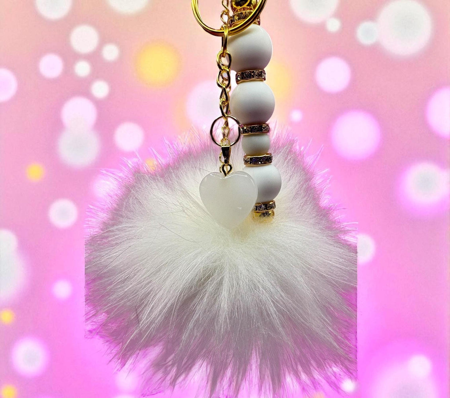 beaded keychain bag charm white beads with gold sparkly spacers heart pendant and fluffy ball