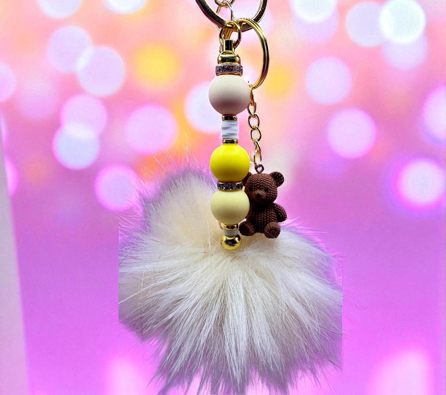 beaded keyring keychain with pendant and fluffy ball cute key pendant - yellow beads teddy bear