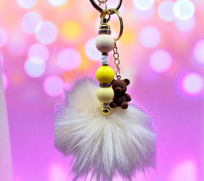 beaded keyring keychain with pendant and fluffy ball cute key pendant - yellow beads teddy bear
