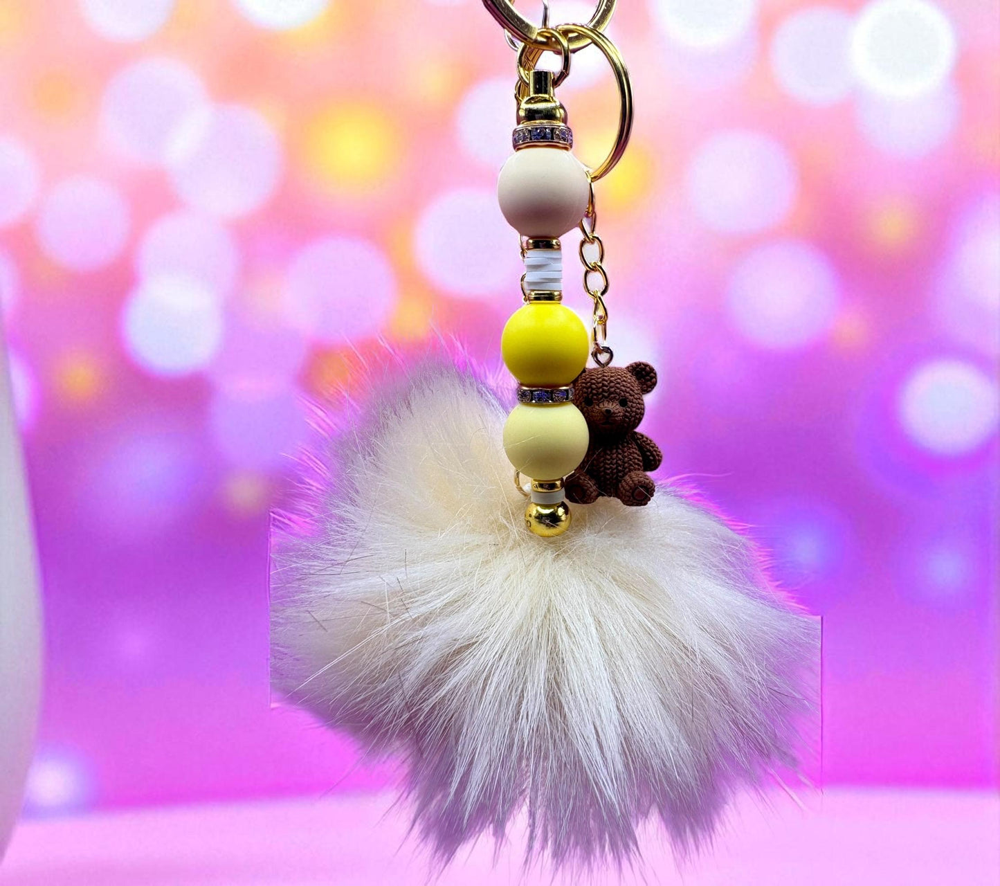 beaded keyring keychain with pendant and fluffy ball cute key pendant - yellow beads teddy bear