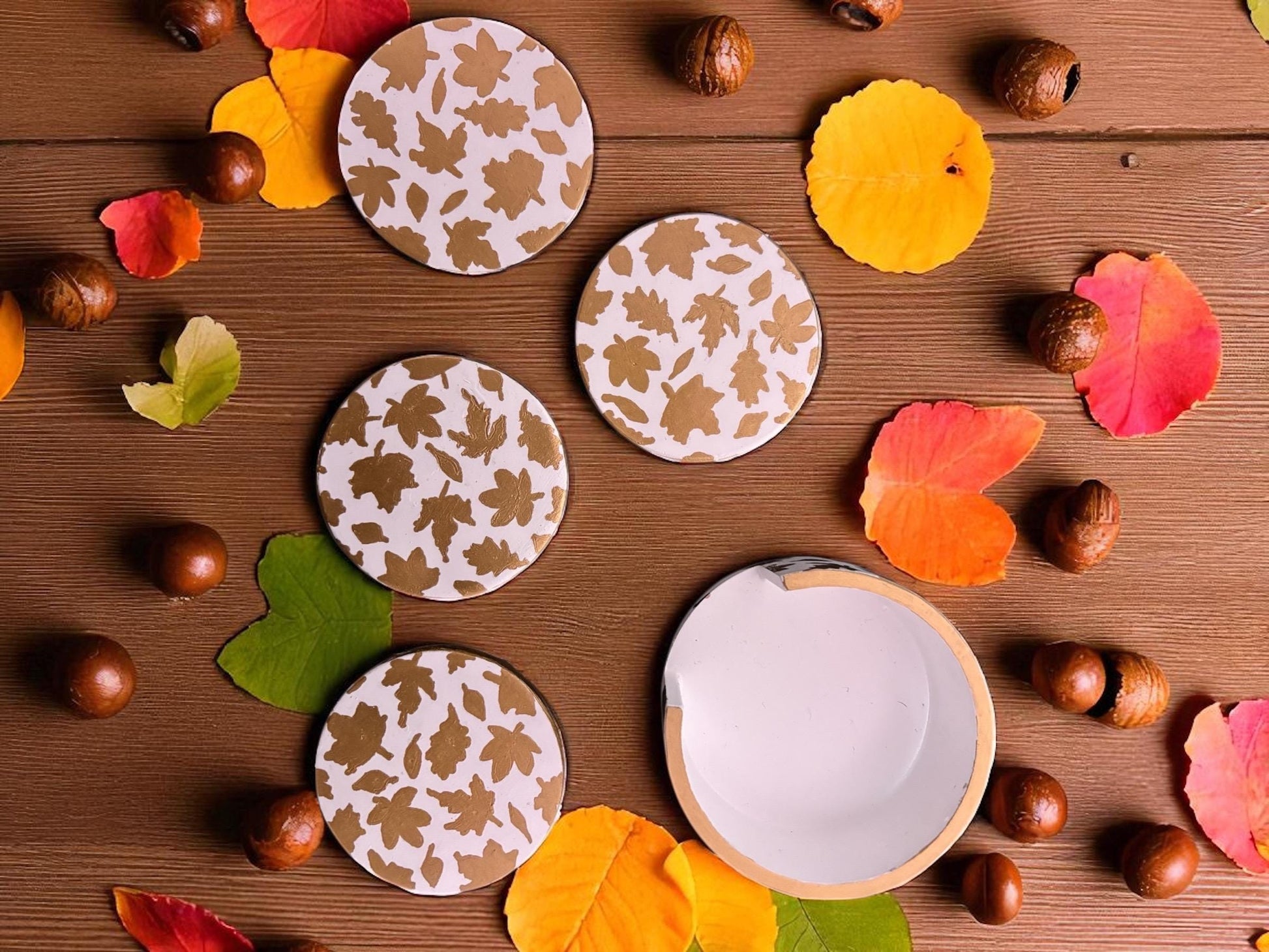 autumn autumnal dishes, coaster, pumpkin pots handmade and hand painted gold silver seasonal decor decorations