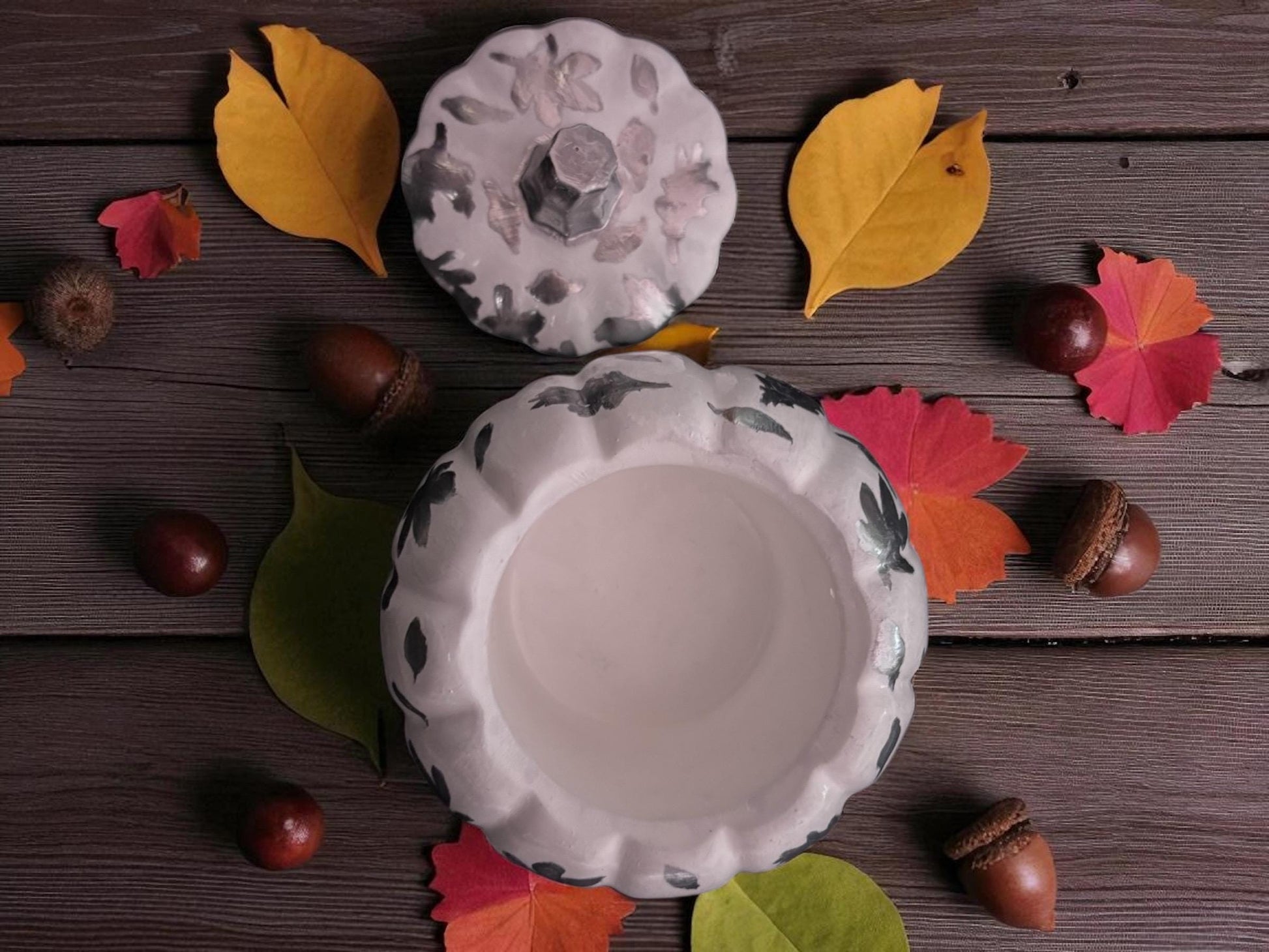 autumn autumnal dishes, coaster, pumpkin pots handmade and hand painted gold silver seasonal decor decorations