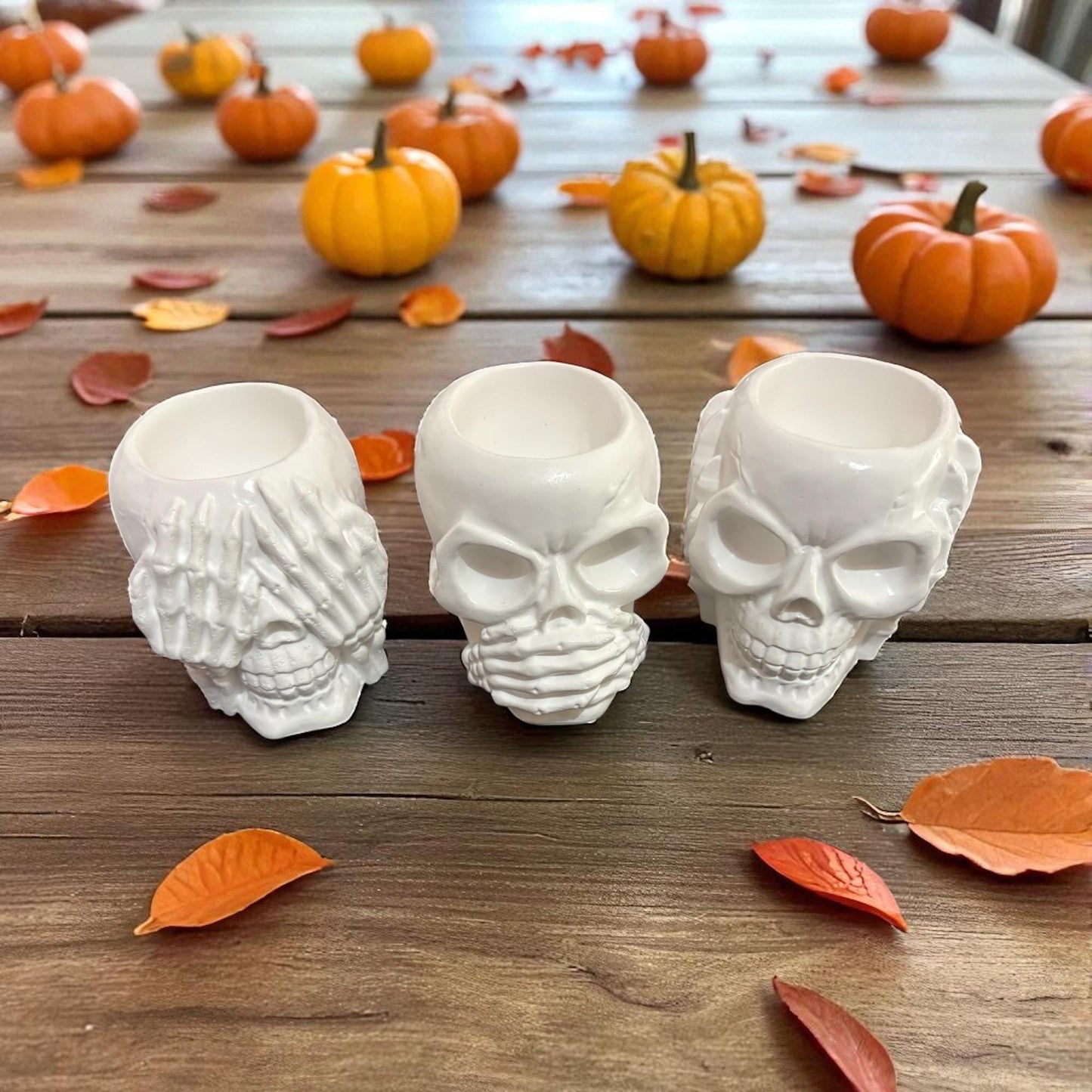 Gothic Skull Pot Set Hear No Evil, See No Evil, Speak No Evil Decor