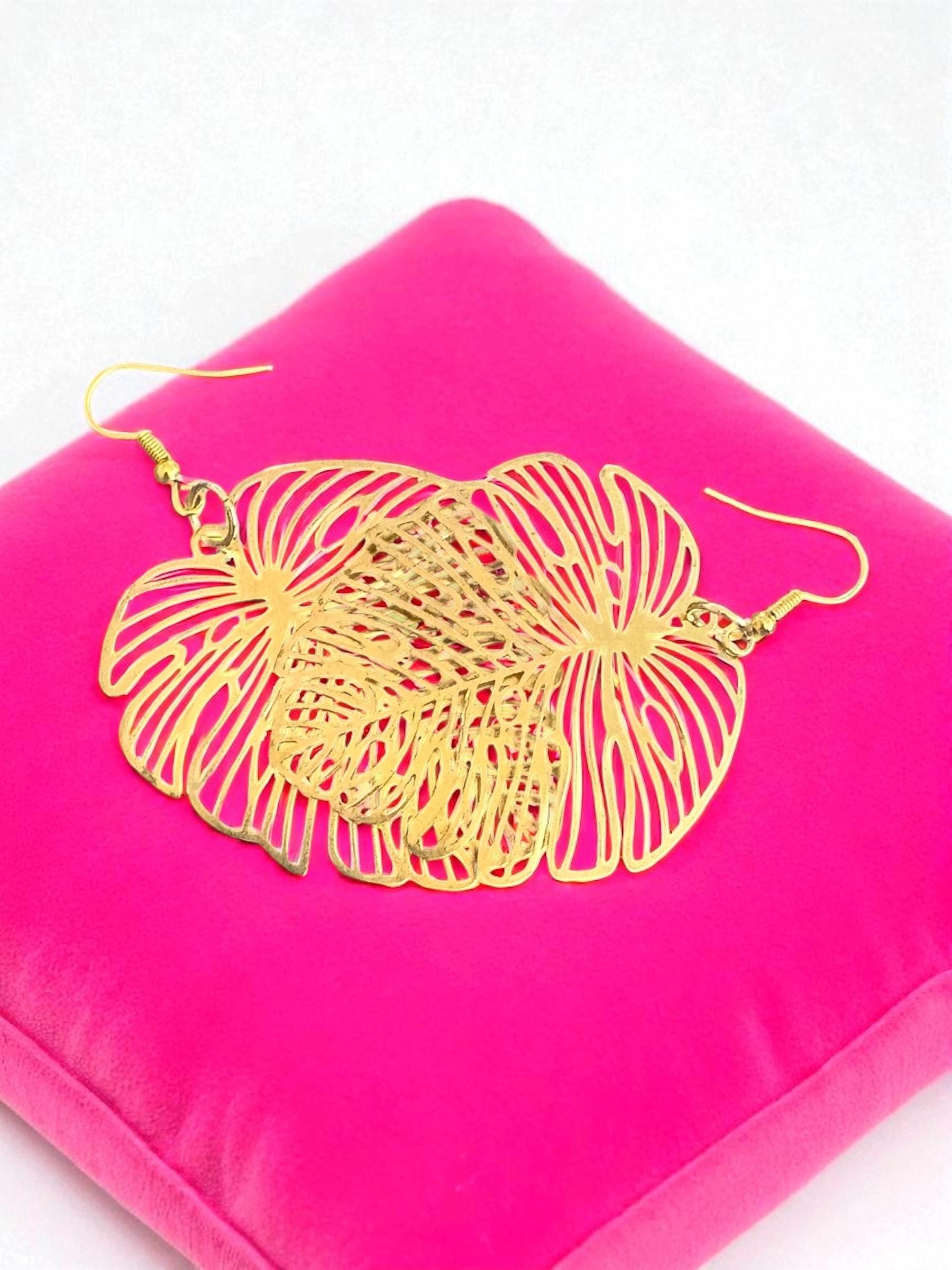 Tropical Gold Monstera Leaf Earrings – Boho Statement Jewelry