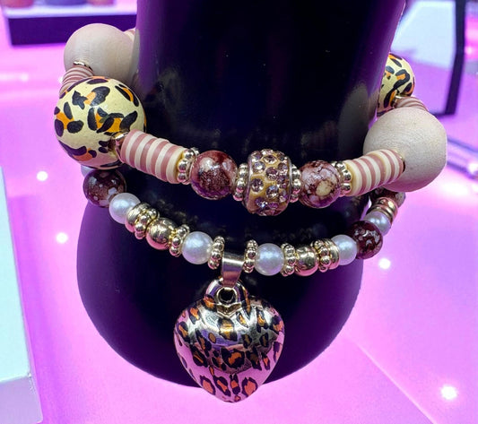 handmade beaded charm bracelets stacks leopard print edition- gold brown magnetic closing