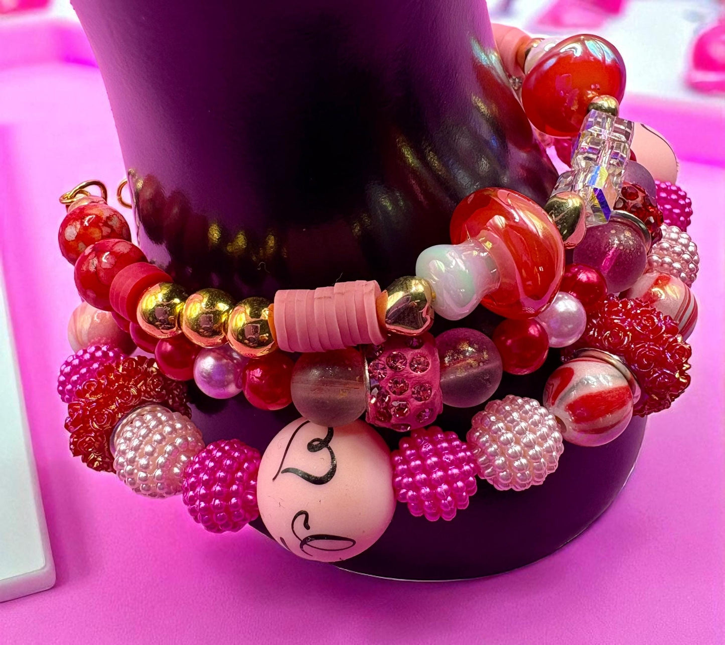 handmade beaded charm bracelets stacks pink edition- toadstools love hearts I love you magnetic closing friendship girlfriend wife for her