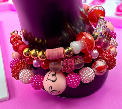 handmade beaded charm bracelets stacks pink edition- toadstools love hearts I love you magnetic closing friendship girlfriend wife for her