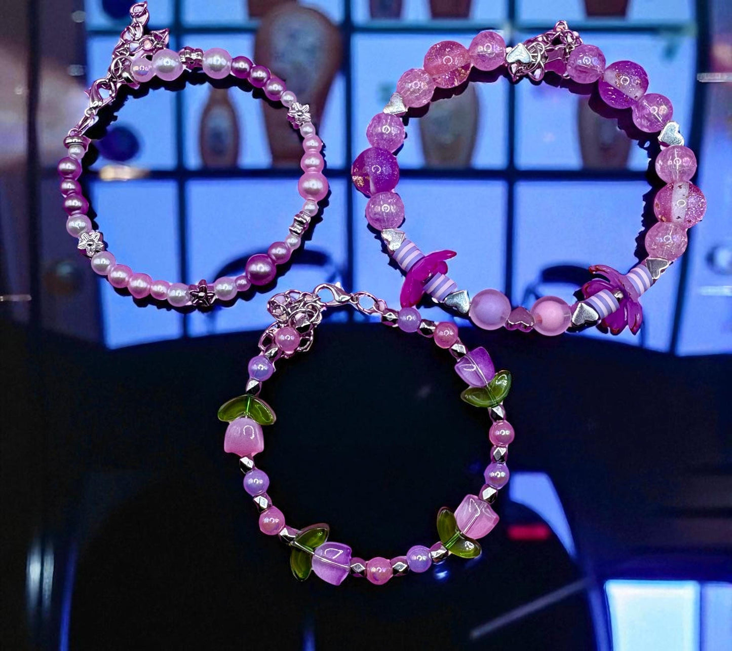 bracelets stacks purple flowery edition- purple flowers tulips memory wire floral