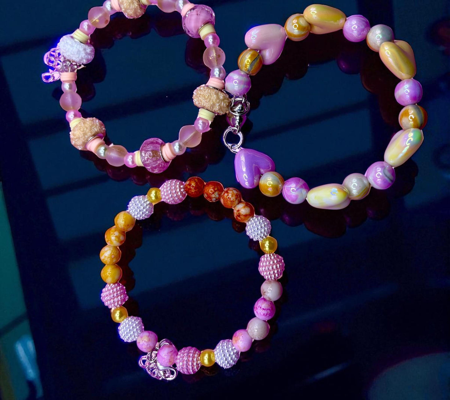 handmade beaded charm bracelets stacks spring edition- love hearts pastel memory wire magnetic closing friendship girlfriend wife for her