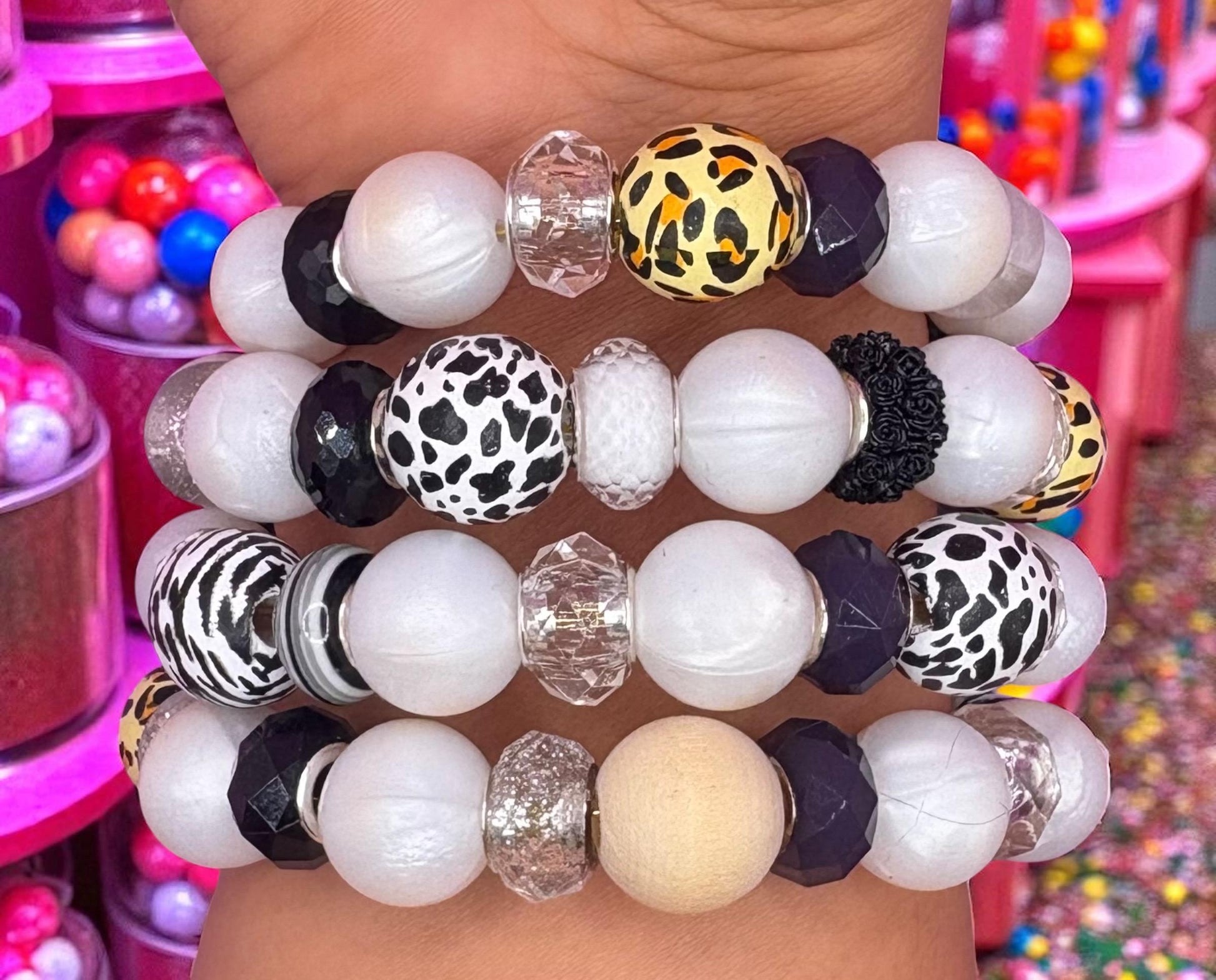 handmade beaded charm never ending bracelets black and white edition memory wire wraparound bracelet