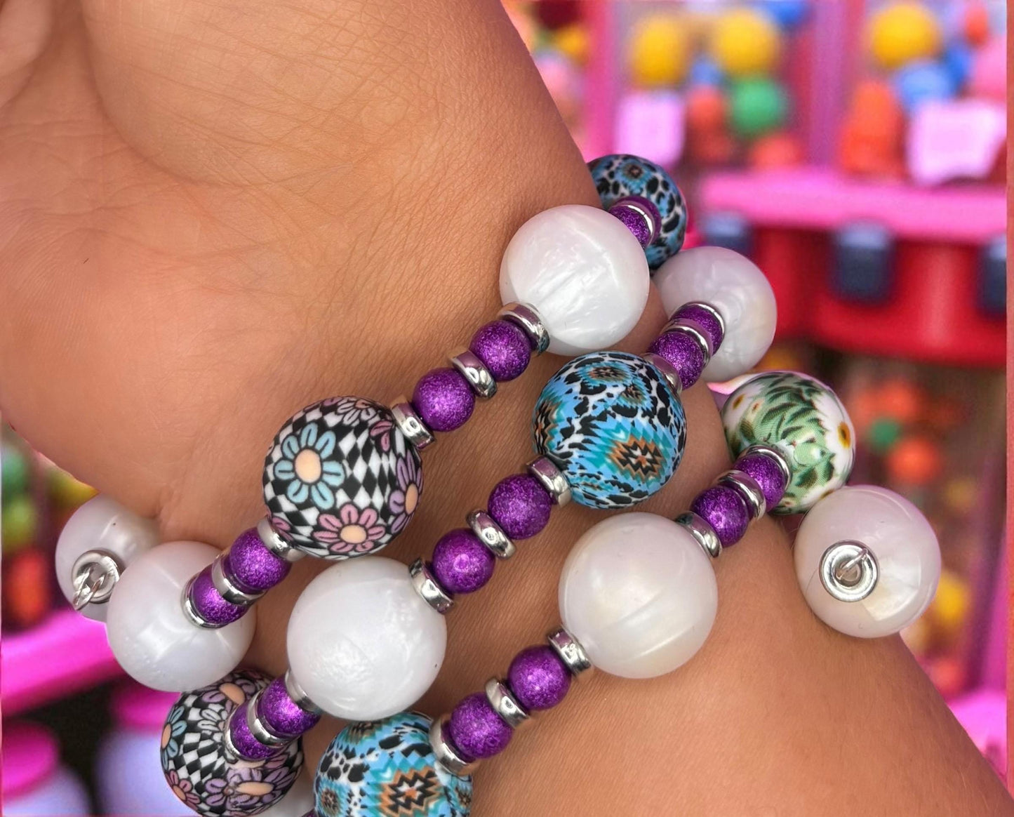 Beaded Stretch Bracelet | Handmade Boho Jewelry | Bold Playful Beaded Wrap Bracelet purple silver