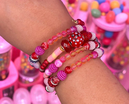 Beaded Stretch Bracelet Set – Pink, Red, and White Charm Jewelry – Statement Arm Candy Women Teens