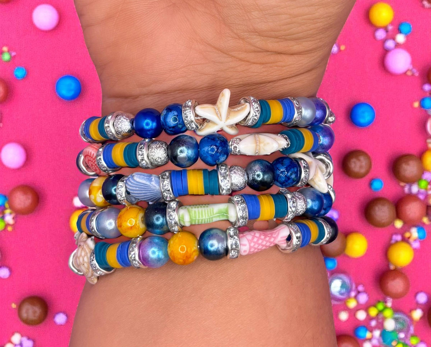 handmade beaded charm wraparound bracelet Ocean Inspired Bracelets – Coastal Summer colourful sea turtles