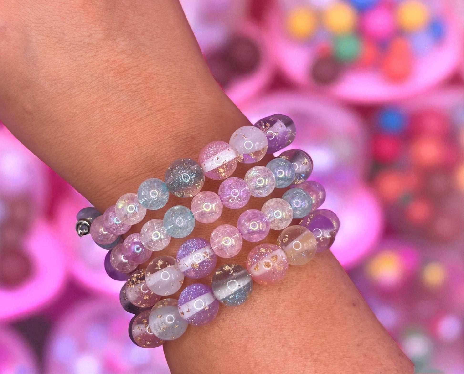 Pastel Glitter Resin Bead Bracelet – Handmade Stretch Bracelet with Gold Foil, Aesthetic Jewellery