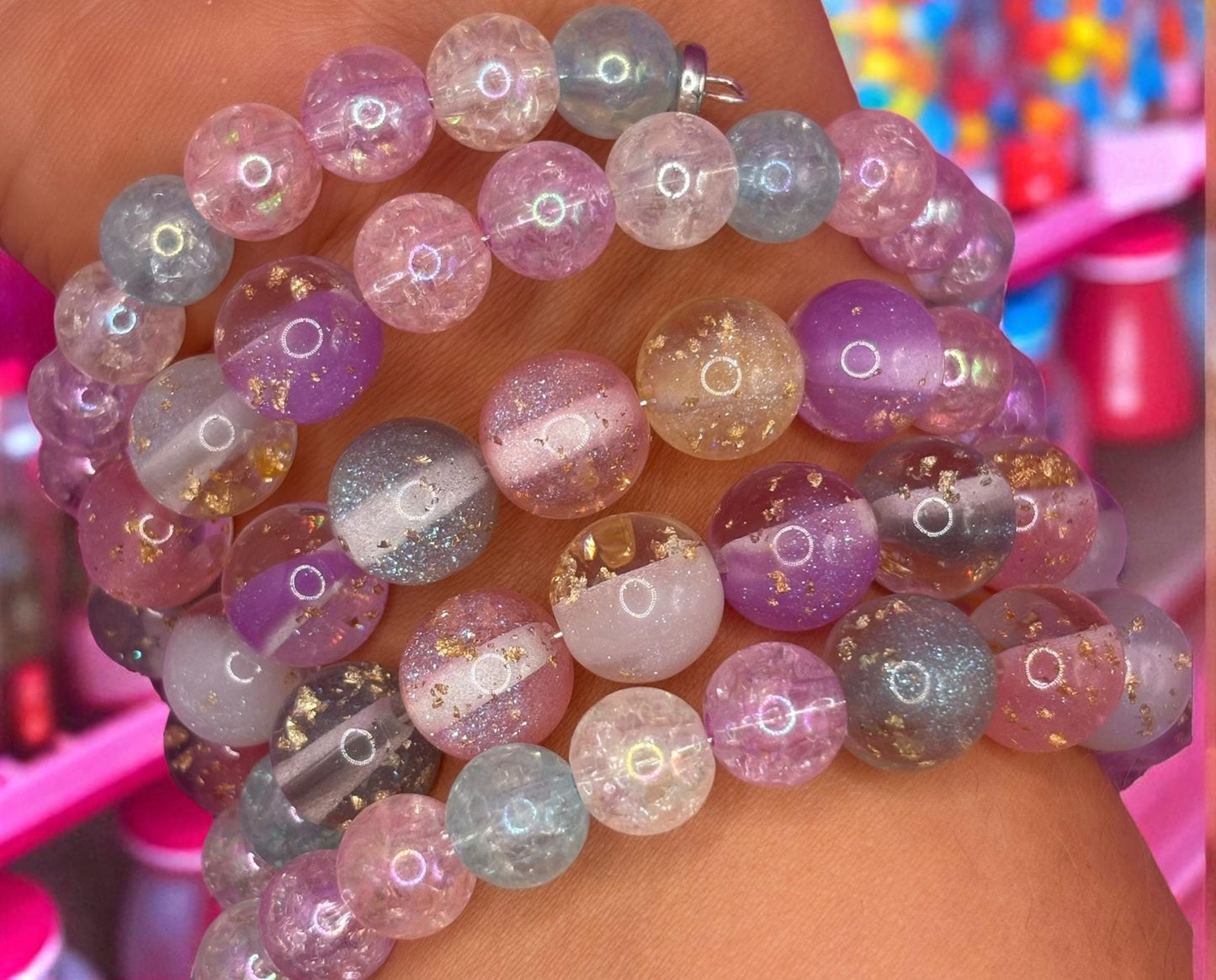 Pastel Glitter Resin Bead Bracelet – Handmade Stretch Bracelet with Gold Foil, Aesthetic Jewellery