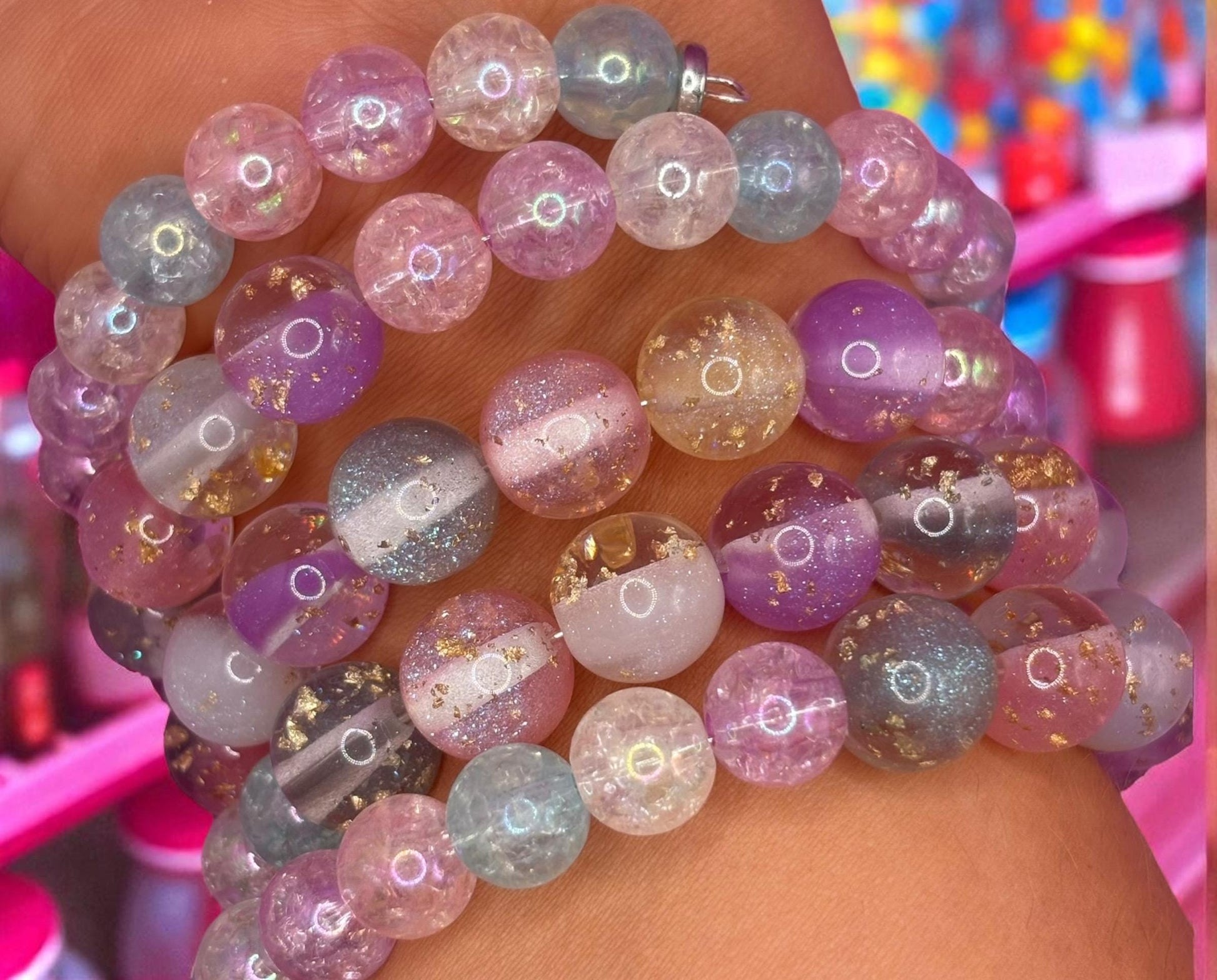 Pastel Glitter Resin Bead Bracelet – Handmade Stretch Bracelet with Gold Foil, Aesthetic Jewellery
