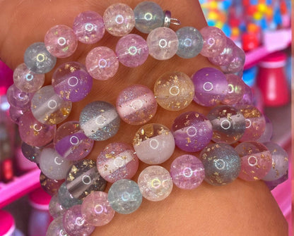 Pastel Glitter Resin Bead Bracelet – Handmade Stretch Bracelet with Gold Foil, Aesthetic Jewellery