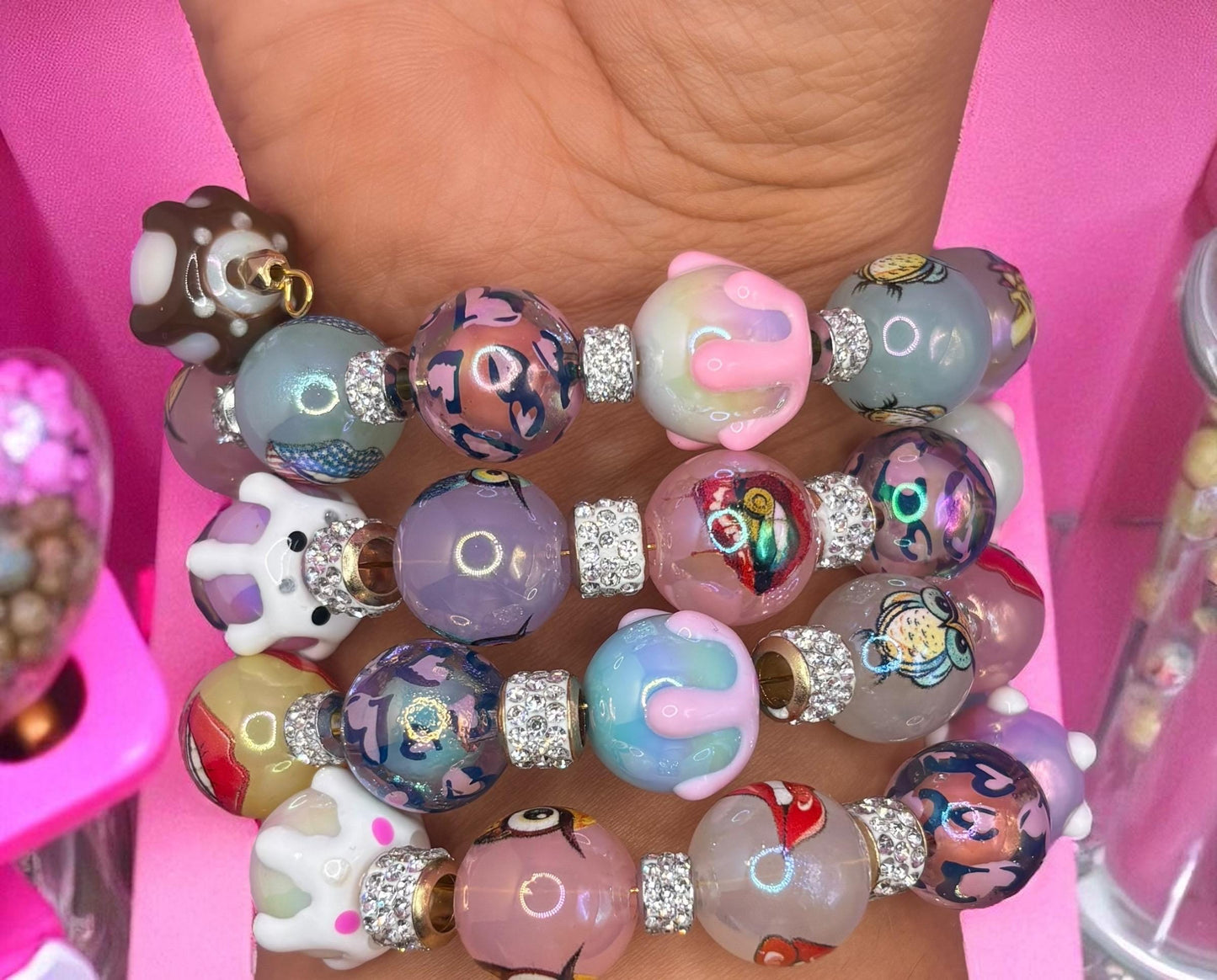 Wraparound Handmade Stretch Bracelet colourful cartoon pudding owls and lips fun Jewelry, handmade