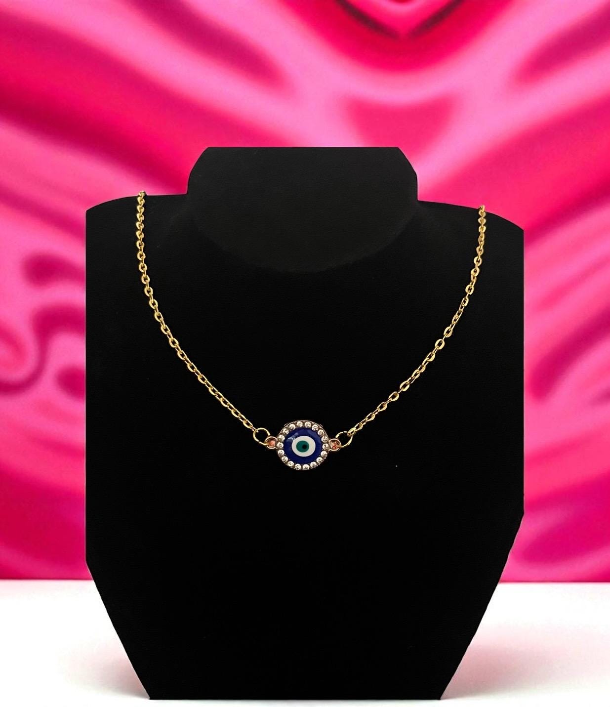 Circular diamanté evil eye necklace- colour gold