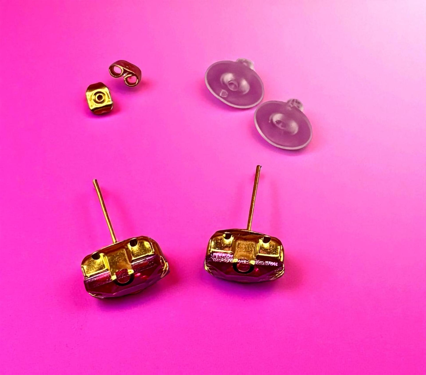 Bold Fuchsia Square Stud Earrings | Vintage-Inspired Crystal Earrings |Gift for Her