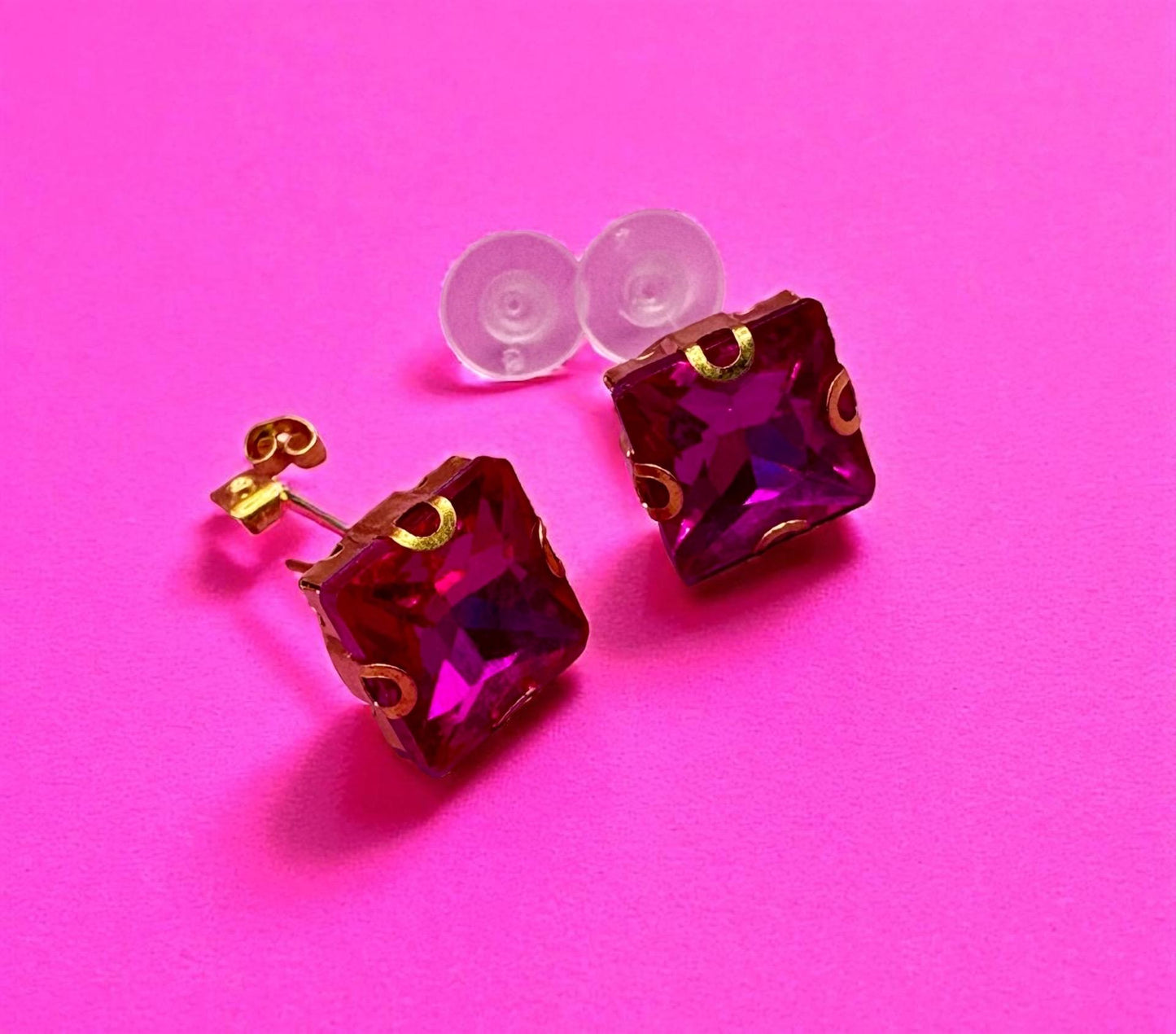 Bold Fuchsia Square Stud Earrings | Vintage-Inspired Crystal Earrings |Gift for Her
