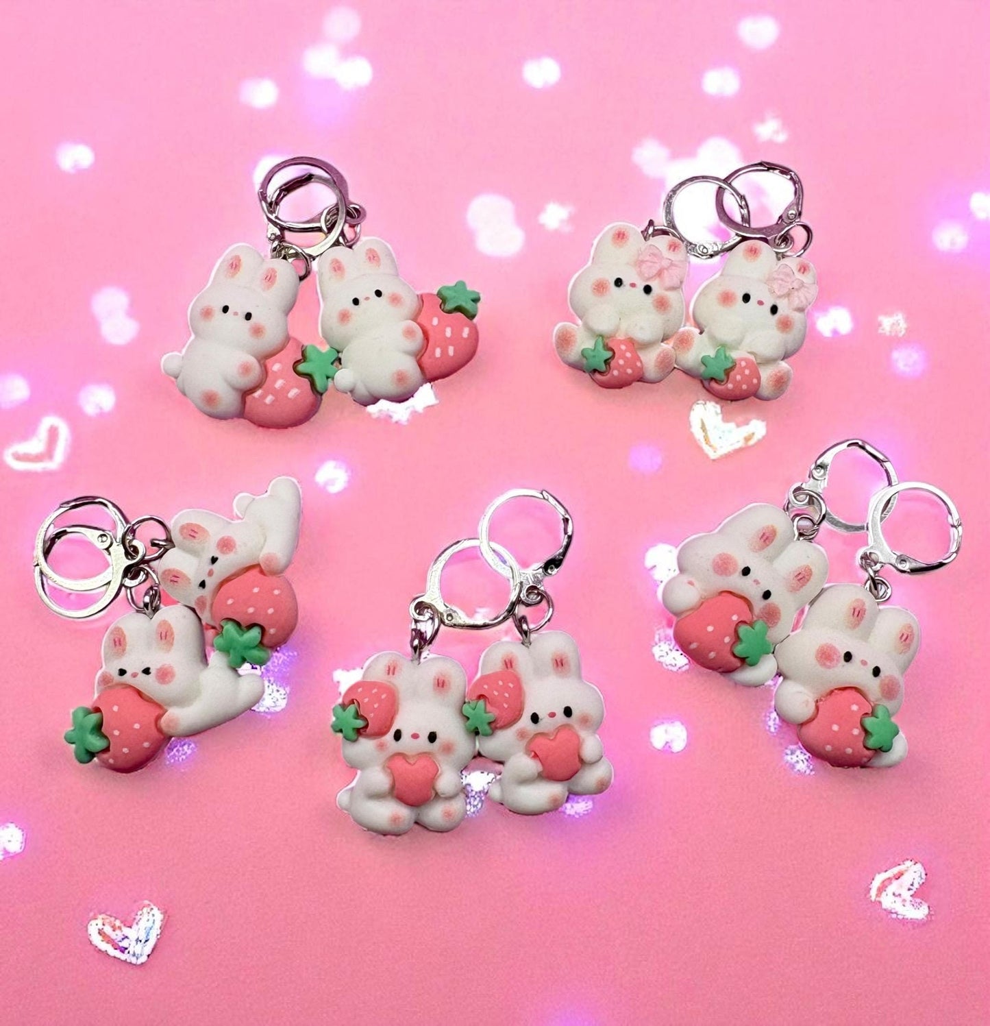 Bunny rabbit earrings strawberry drop earrings. available in multiple styles. Kids teen adult animal cartoon style. novelty costume jeweller