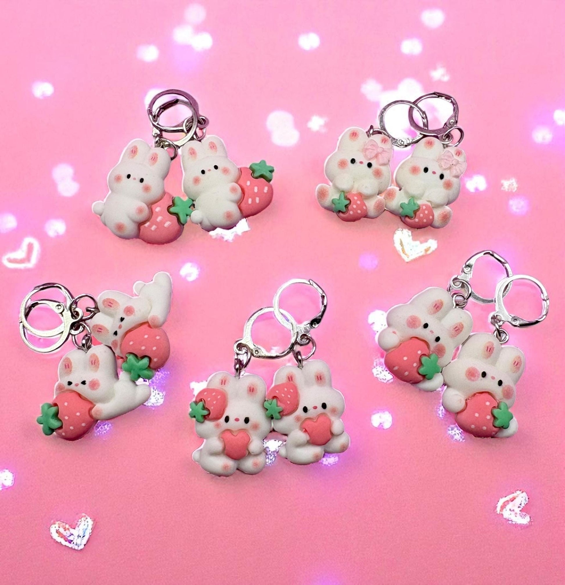 Bunny rabbit earrings strawberry drop earrings. available in multiple styles. Kids teen adult animal cartoon style. novelty costume jeweller