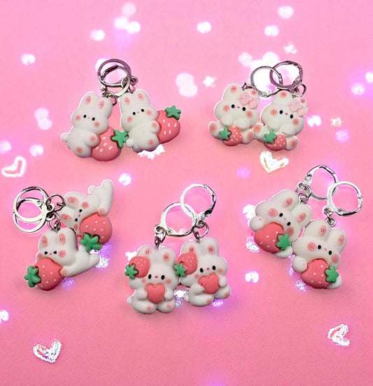 Bunny rabbit earrings strawberry drop earrings. available in multiple styles. Kids teen adult animal cartoon style. novelty costume jeweller
