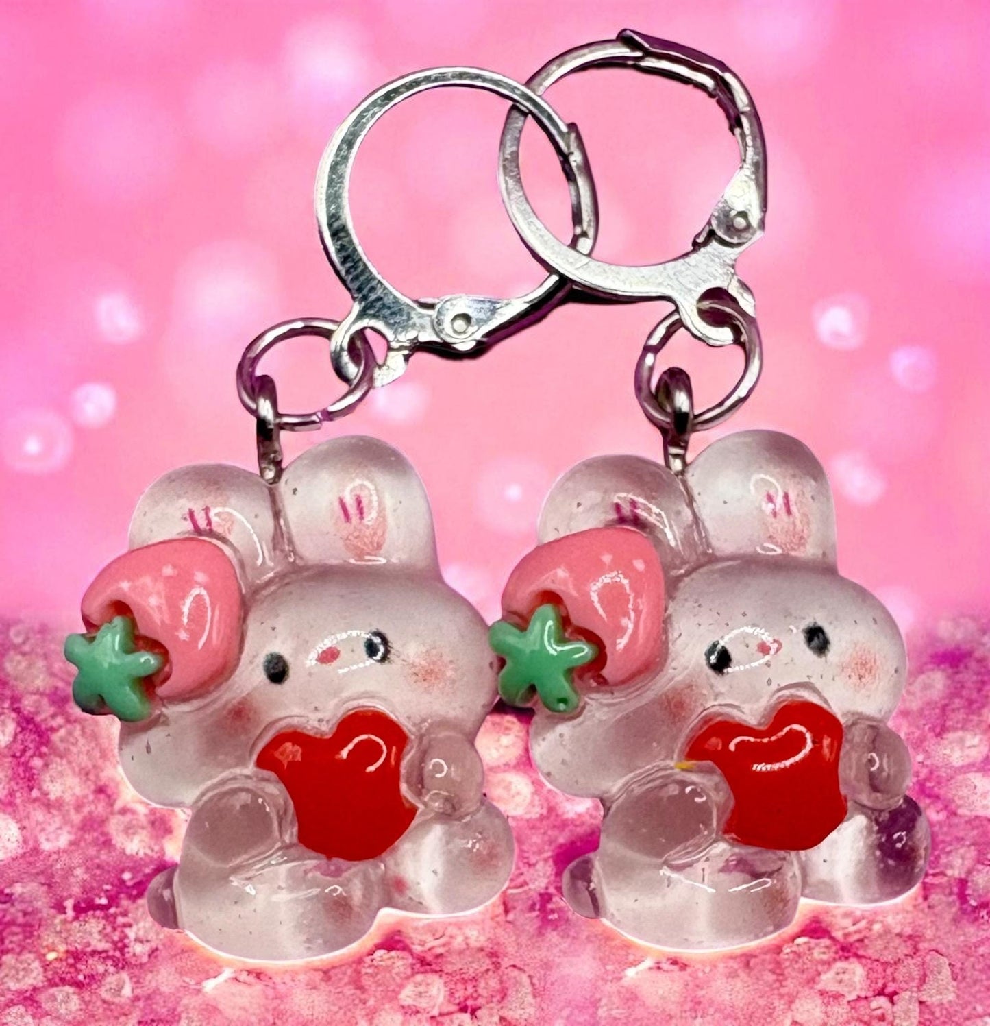 Bunny rabbit translucent earrings strawberry drop earrings in multiple styles. Kids teen adult animal cartoon style. novelty costume jewell