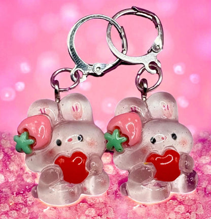 Bunny rabbit translucent earrings strawberry drop earrings in multiple styles. Kids teen adult animal cartoon style. novelty costume jewell