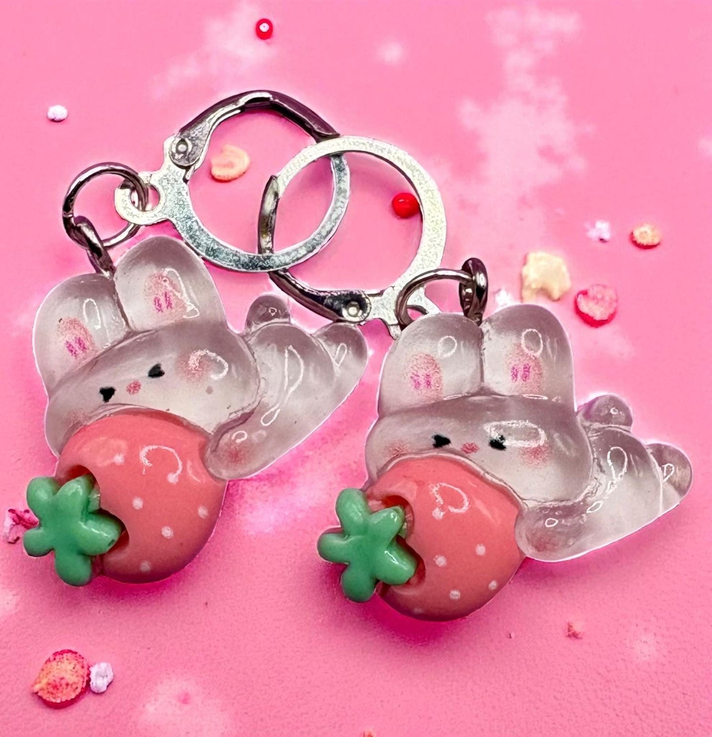 Bunny rabbit translucent earrings strawberry drop earrings in multiple styles. Kids teen adult animal cartoon style. novelty costume jewell
