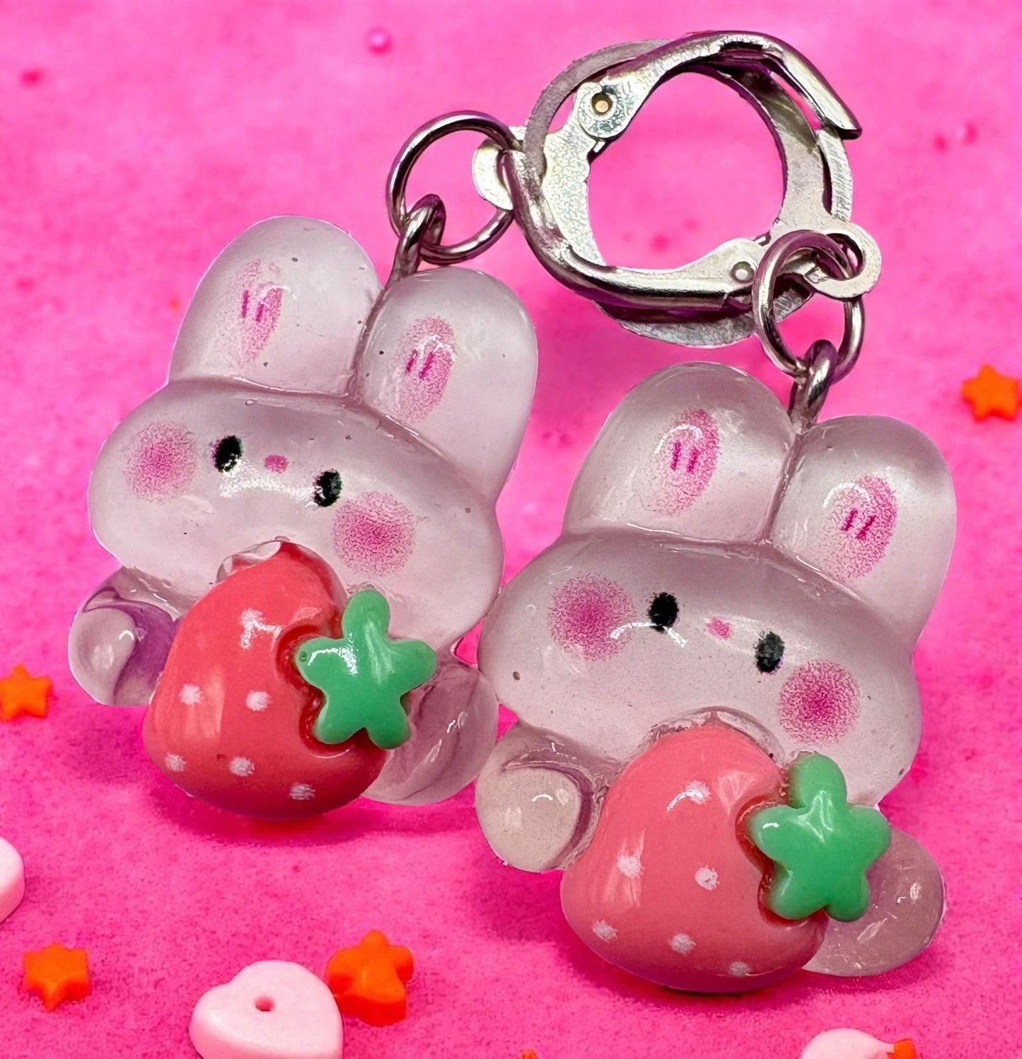 Bunny rabbit translucent earrings strawberry drop earrings in multiple styles. Kids teen adult animal cartoon style. novelty costume jewell