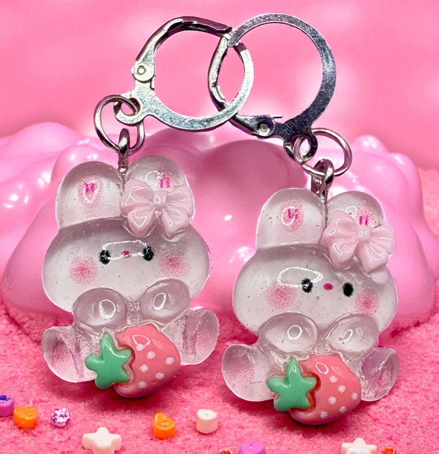 Bunny rabbit translucent earrings strawberry drop earrings in multiple styles. Kids teen adult animal cartoon style. novelty costume jewell